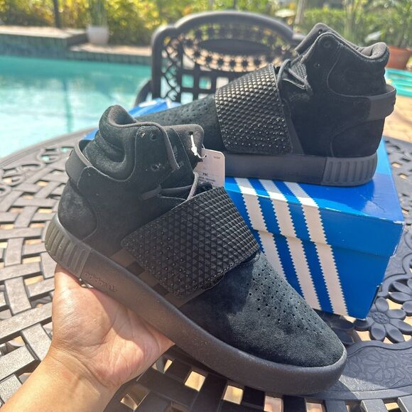 Adidas Tubular Invader Strap J Kid\'s Athletic Shoes Triple Black BA7330 Size 6